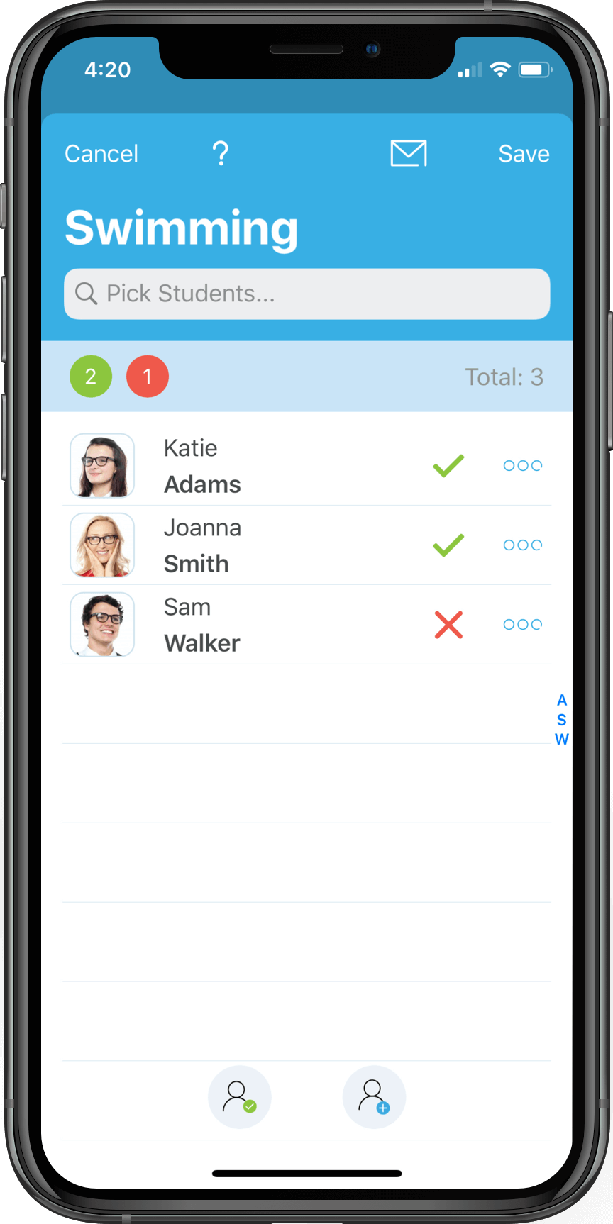 App screenshot featuring marking presence in a classroom