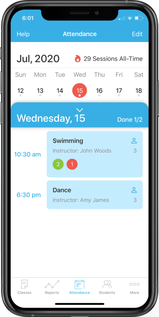 App screenshot showing attendance tracker in action