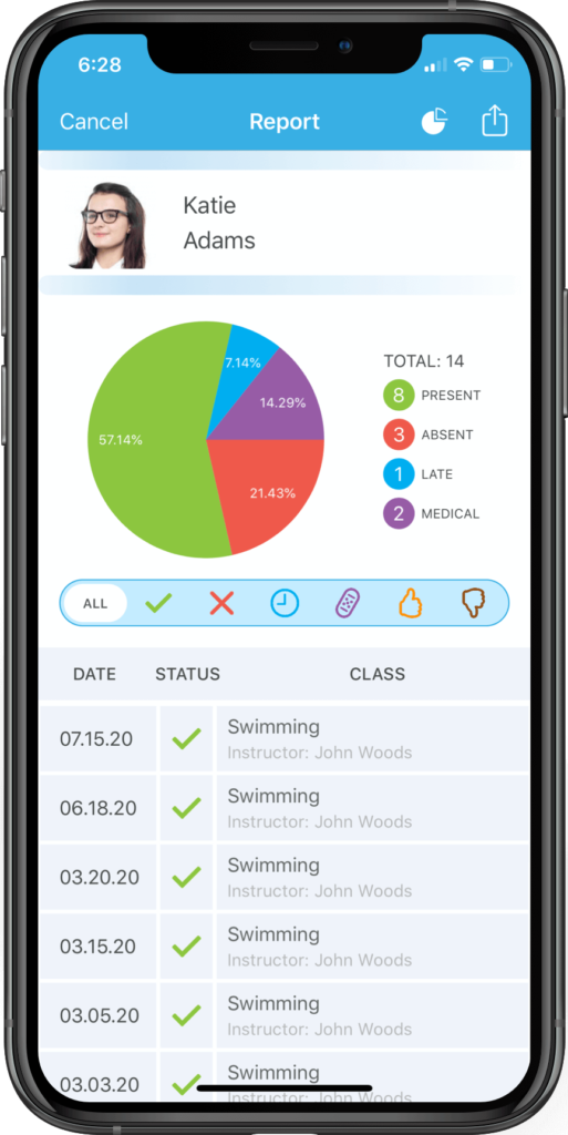 App screenshot featuring a student's attendance report.